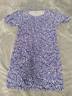 Lilly Pulitzer Dress Large Blue White Printed Shift Dress Short Sleeve